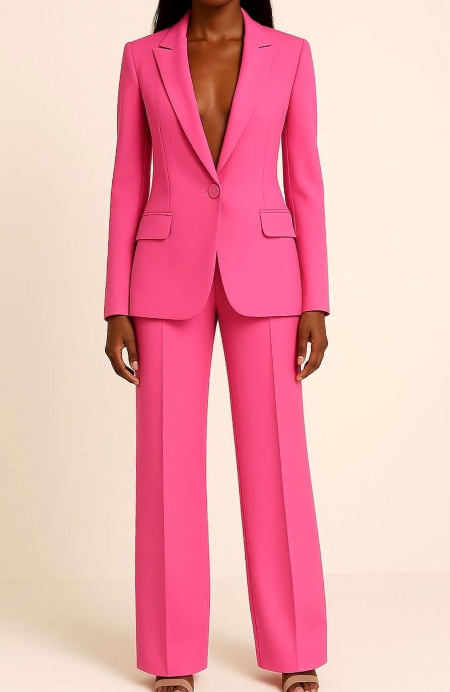 Women's Tailored Single-Button Blazer Pant Suit Set - Pink