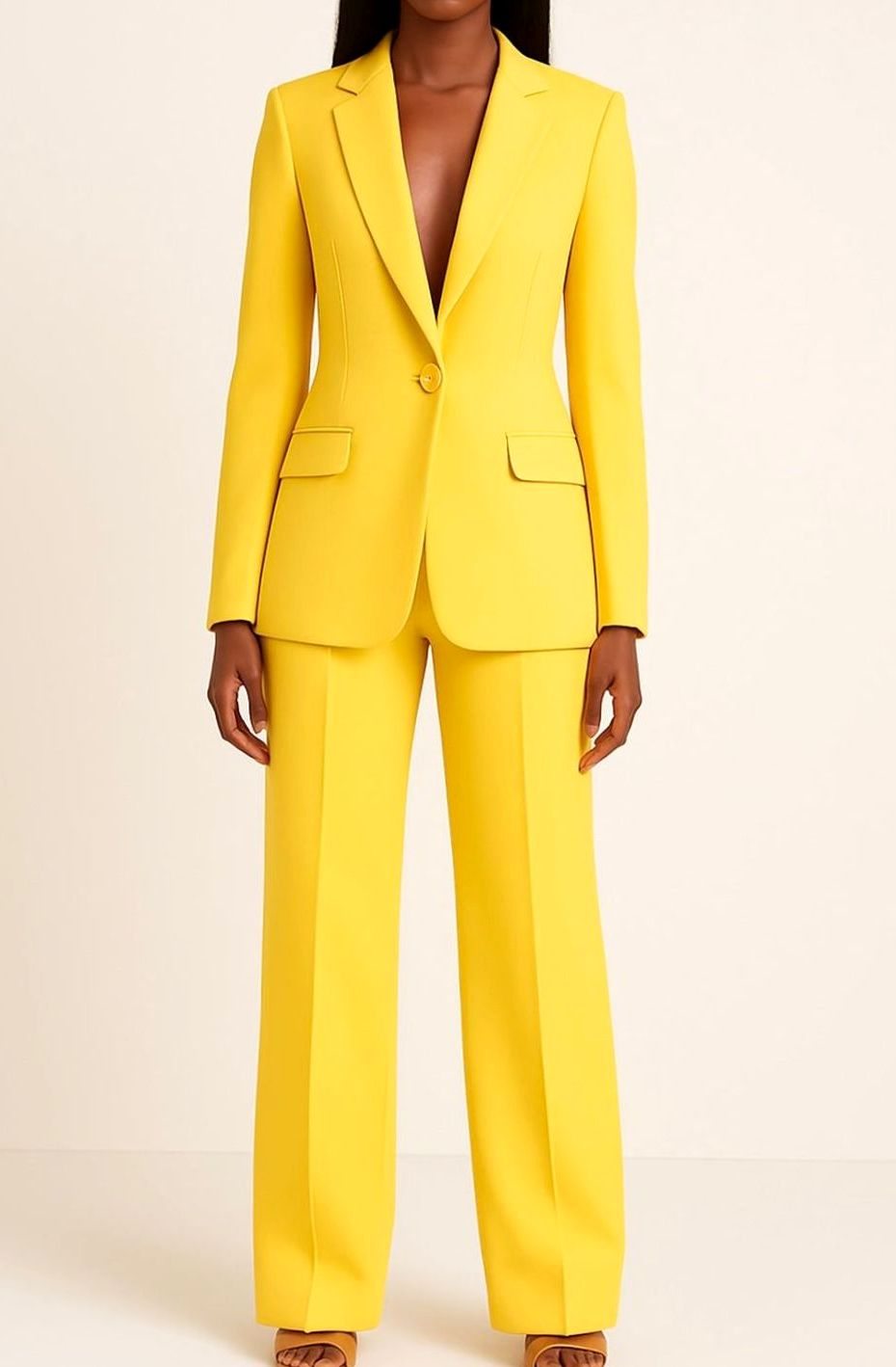 Women's Tailored Single-Button Blazer Pant Suit Set - Yellow
