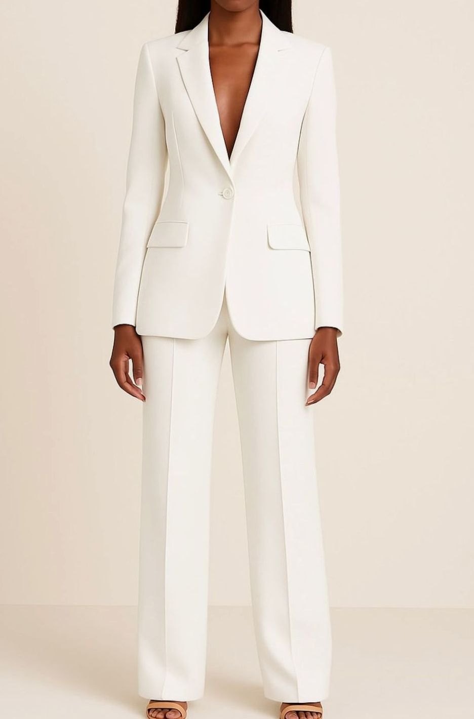 Women's Tailored Single-Button Blazer Pant Suit Set - White