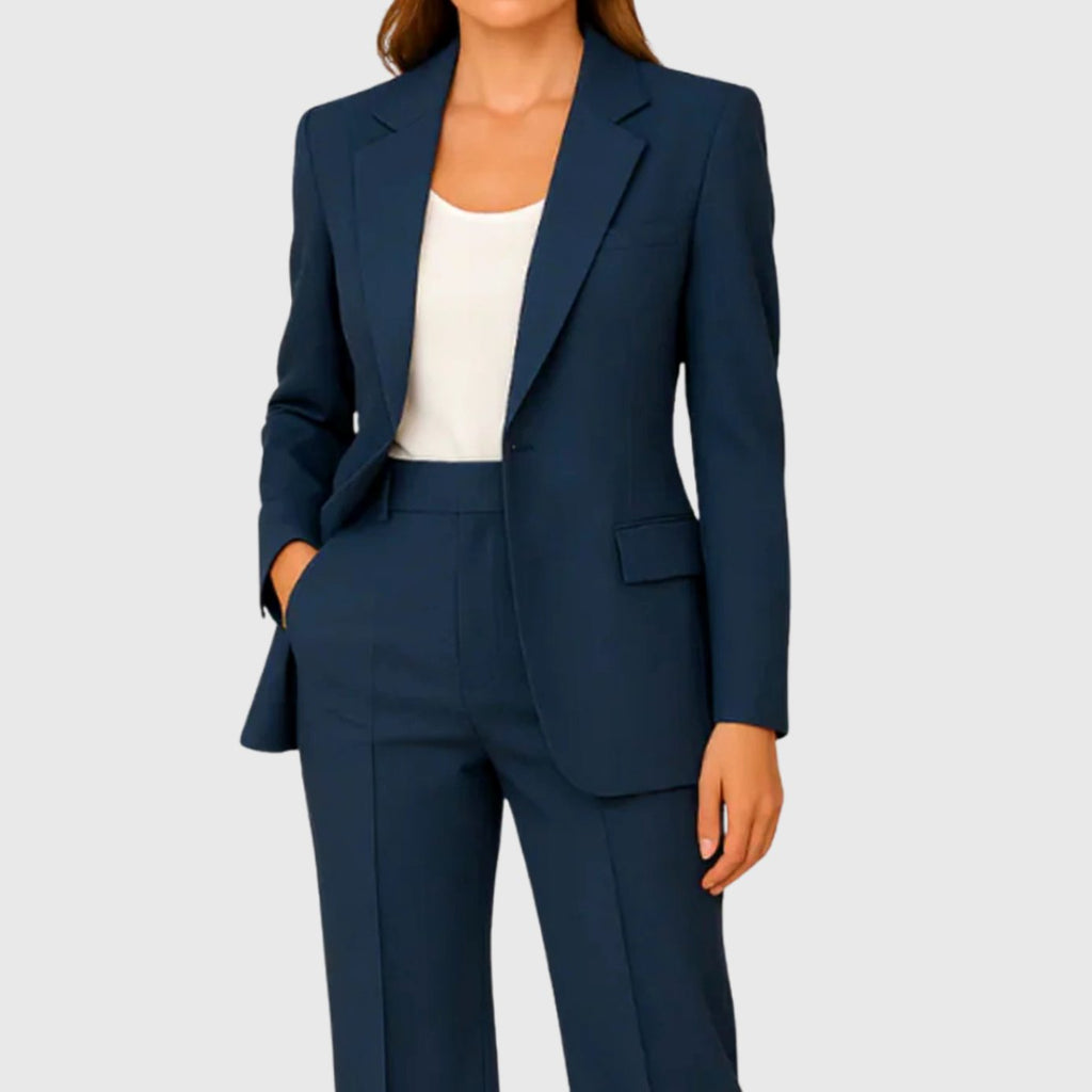 Women's Tailored Single-Button Blazer Pants Suit Set - Navy