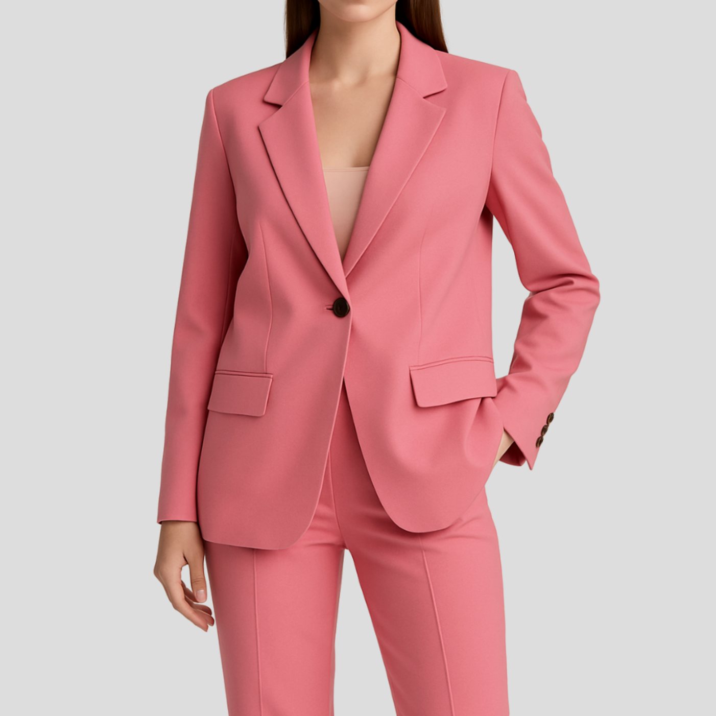 Women's Tailored Single-Button Blazer Pants Suit Set - Pink