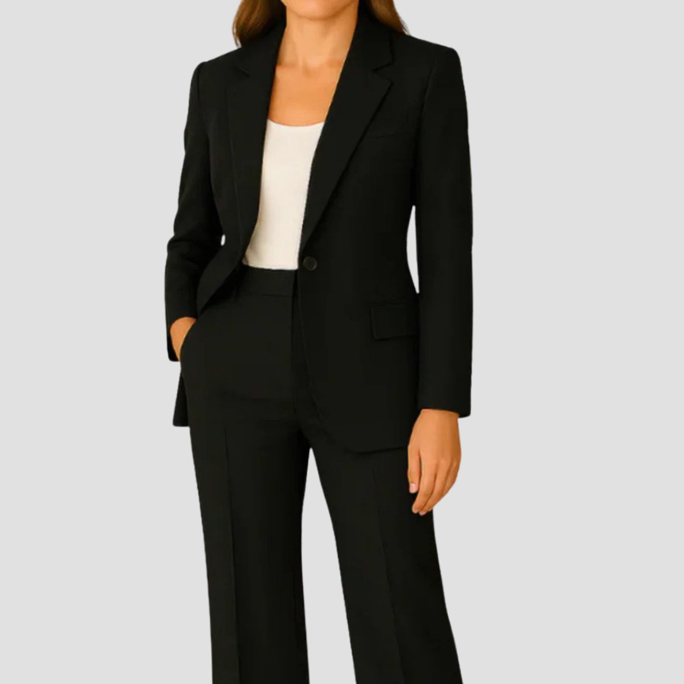 Women's Tailored Single-Button Blazer Pants Suit Set - Black