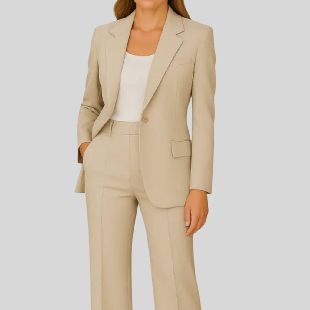 Women's Tailored Single-Button Blazer Pants Suit Set - Beige