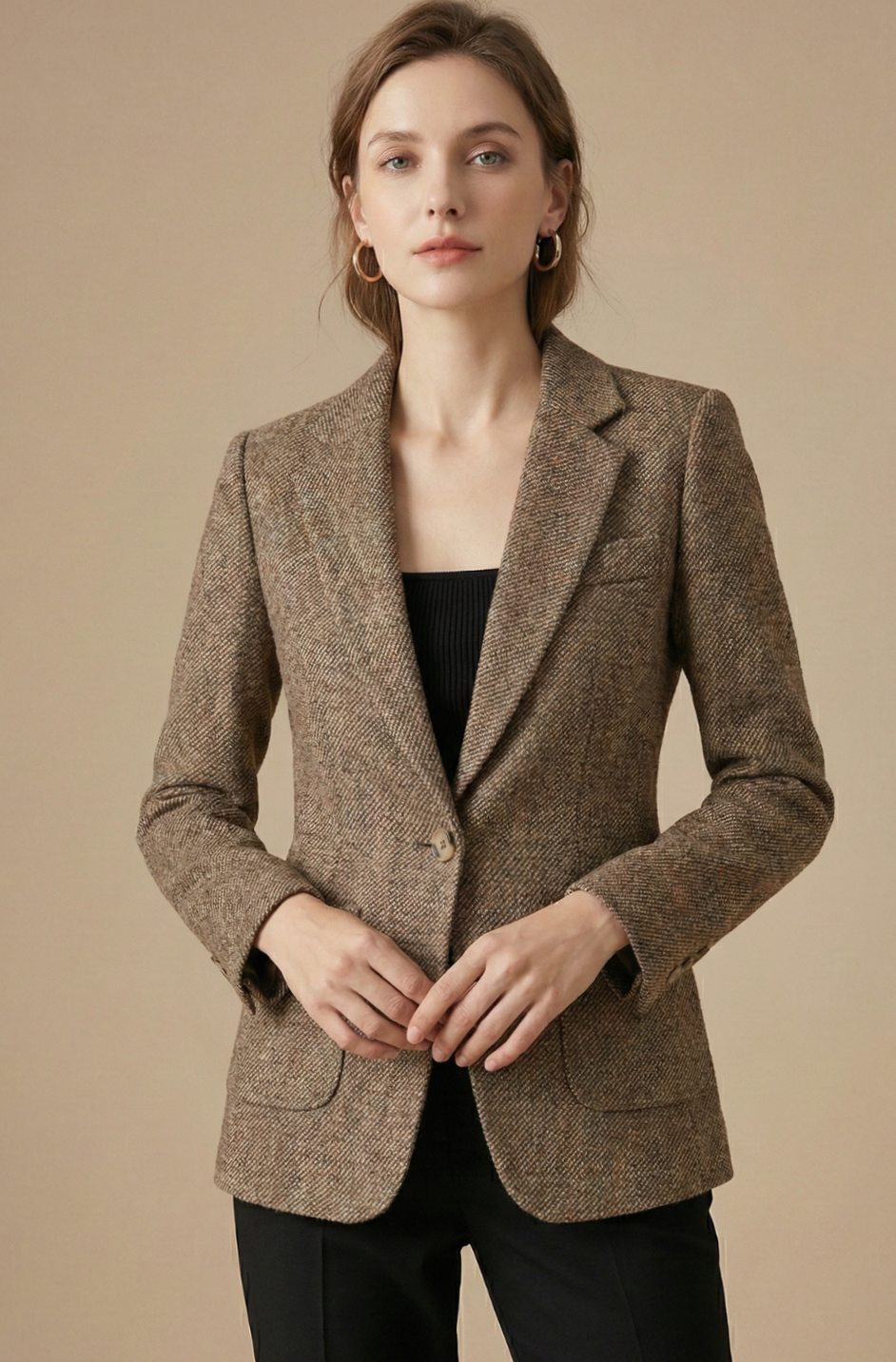 Women's Tailored Single-Button Notch Lapel Wool Blazer Jacket - Brown