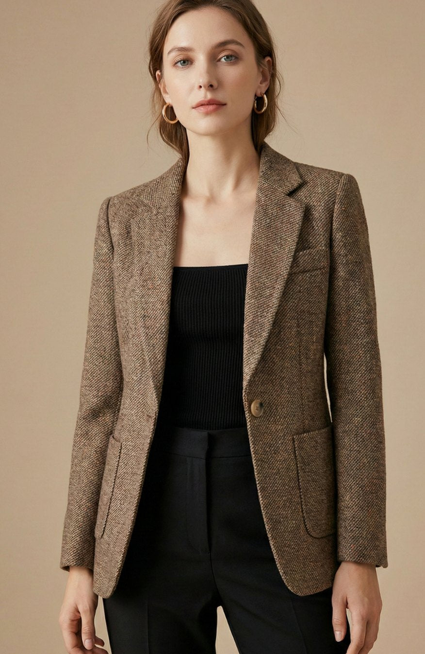 Women's Tailored Single-Button Notch Lapel Wool Blazer Jacket