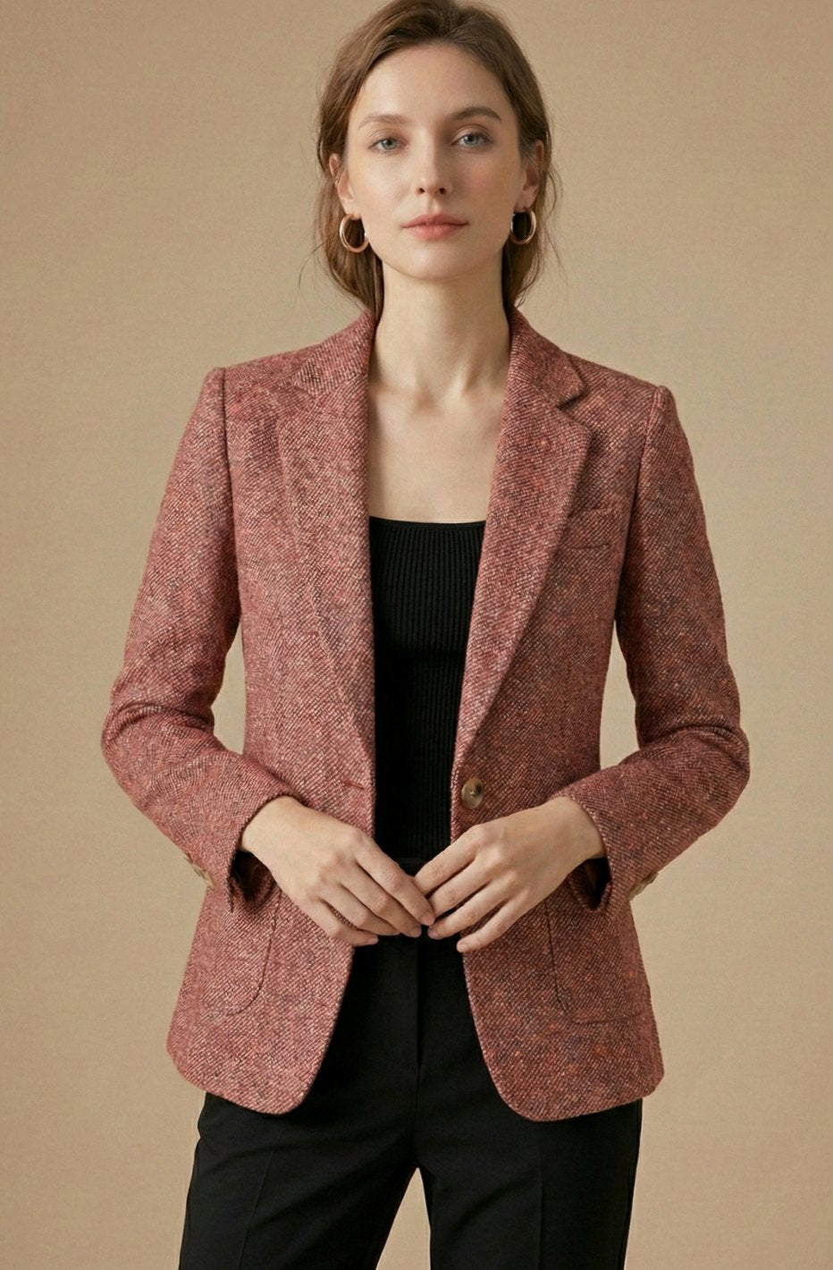 Women's Tailored Single-Button Notch Lapel Wool Blazer Jacket - Red