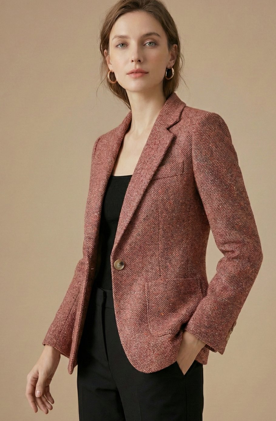Women's Tailored Single-Button Notch Lapel Wool Blazer Jacket