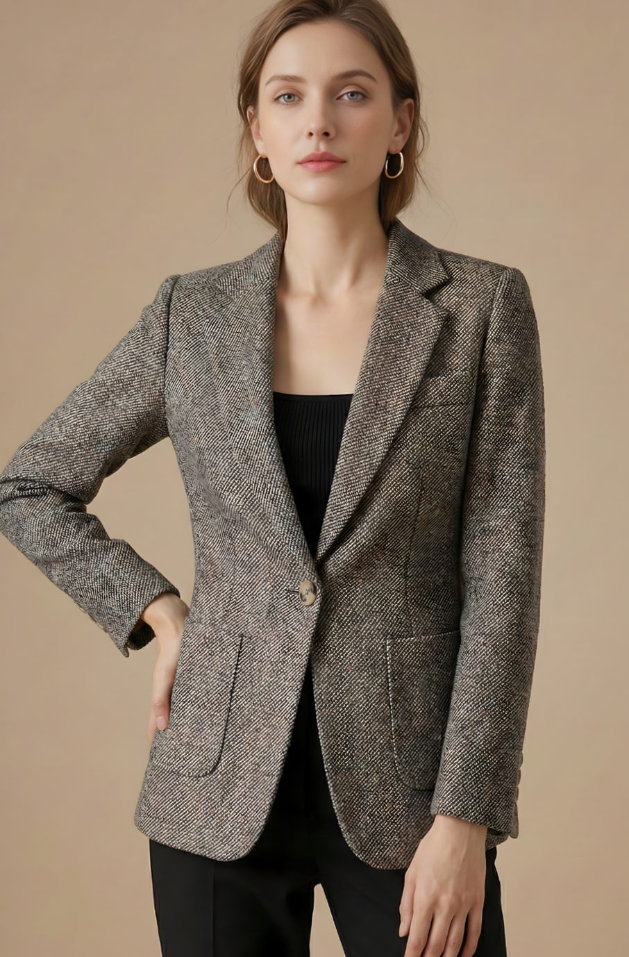Women's Tailored Single-Button Notch Lapel Wool Blazer Jacket - Gray