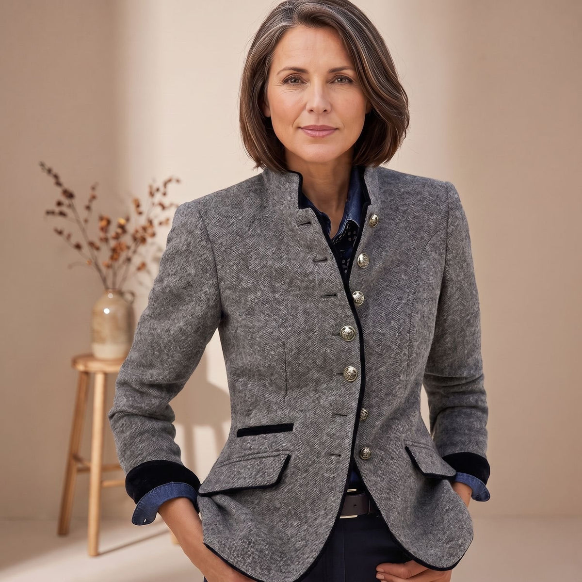 Women's Tailored Stand-Collar Button-Front Tweed Blazer - Gray
