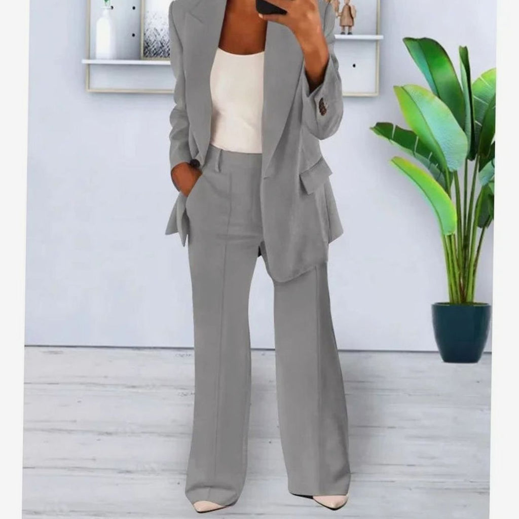 Women's Tailored Two-Piece Blazer Suit Set Wide-Leg Pants - Gray