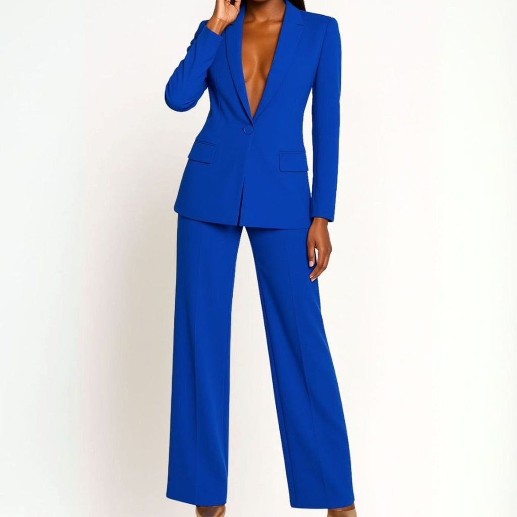 Women's Tailored Wide-Leg Blazer Suit Set Long Jacket - Royal Blue