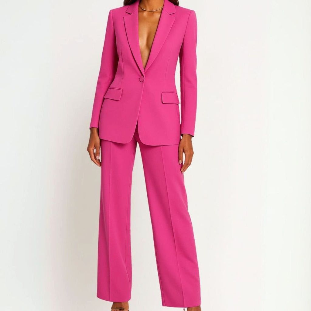 Women's Tailored Wide-Leg Blazer Suit Set Long Jacket - Pink