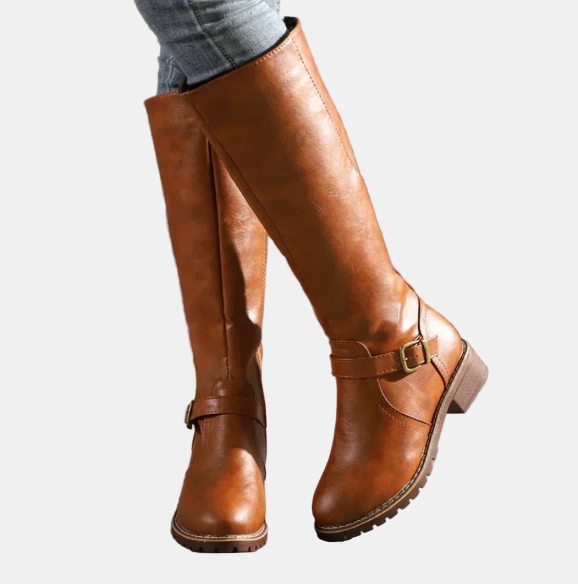 Women's Tall Buckle-Strap Riding Knee High Boots - Brown
