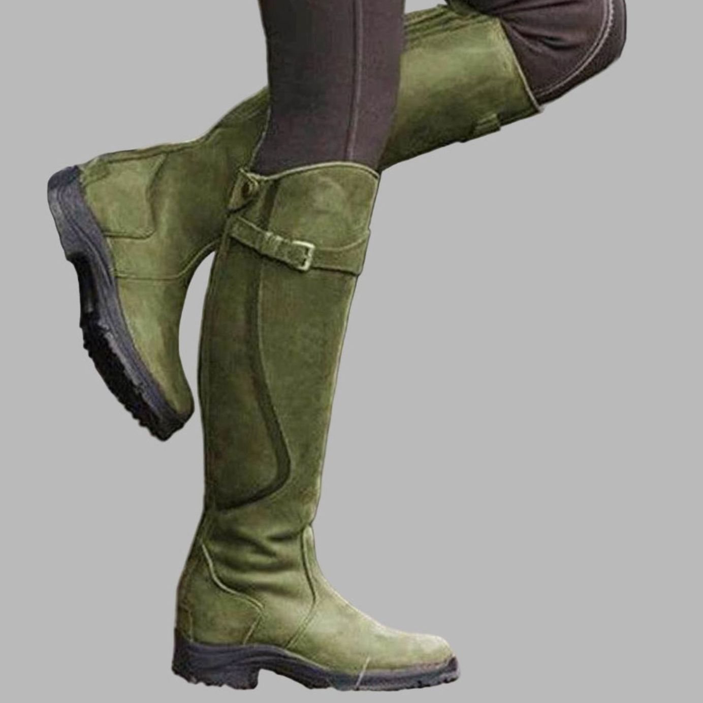 Women's Tall Leather Knee-High Buckle Strap Hiking Boots - Green