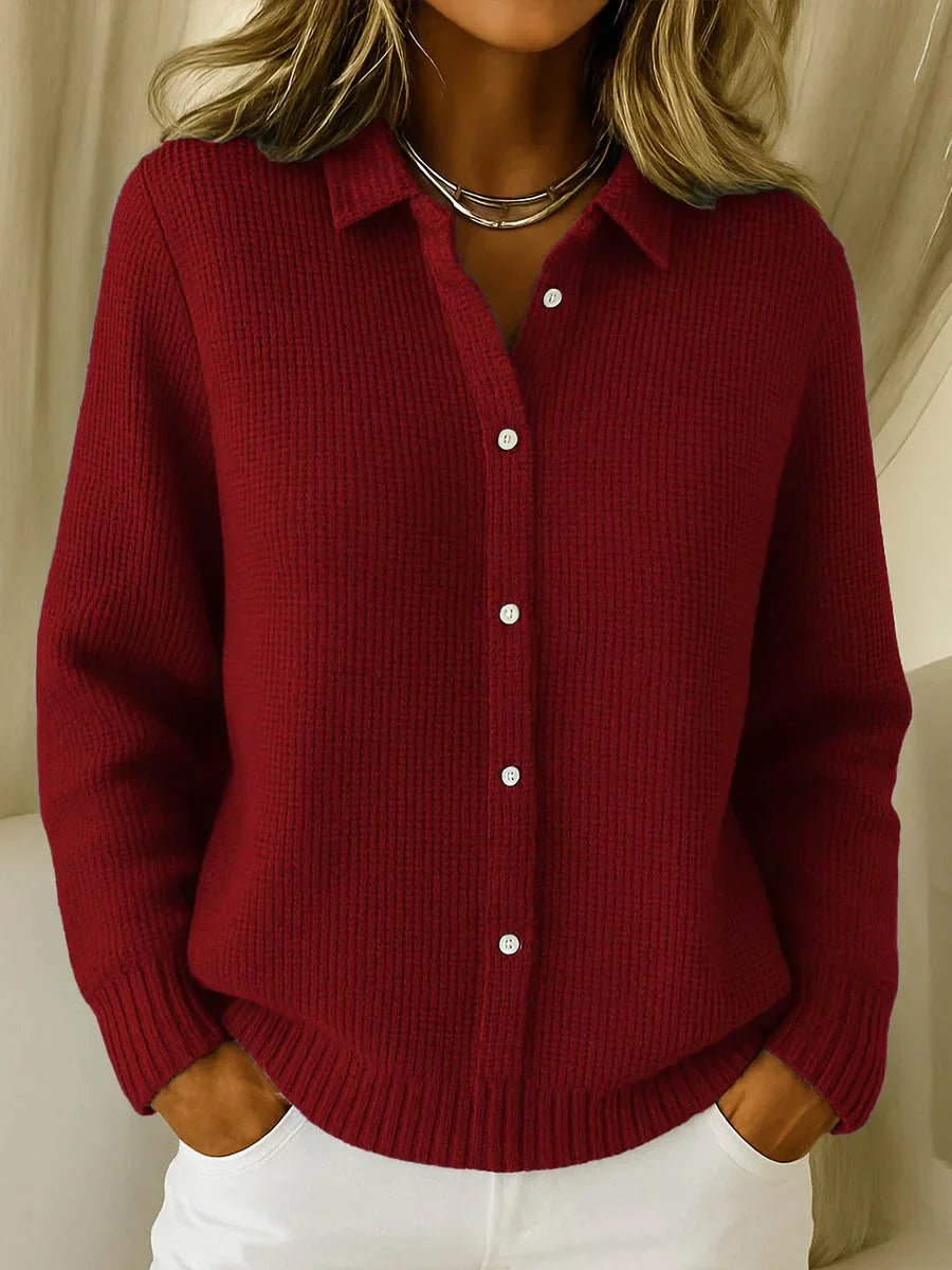Women's Textured Knit Sweater Button-Down Collared Cardigan - Wine Red