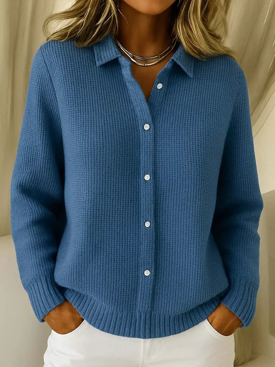 Women's Textured Knit Sweater Button-Down Collared Cardigan - Dark Blue