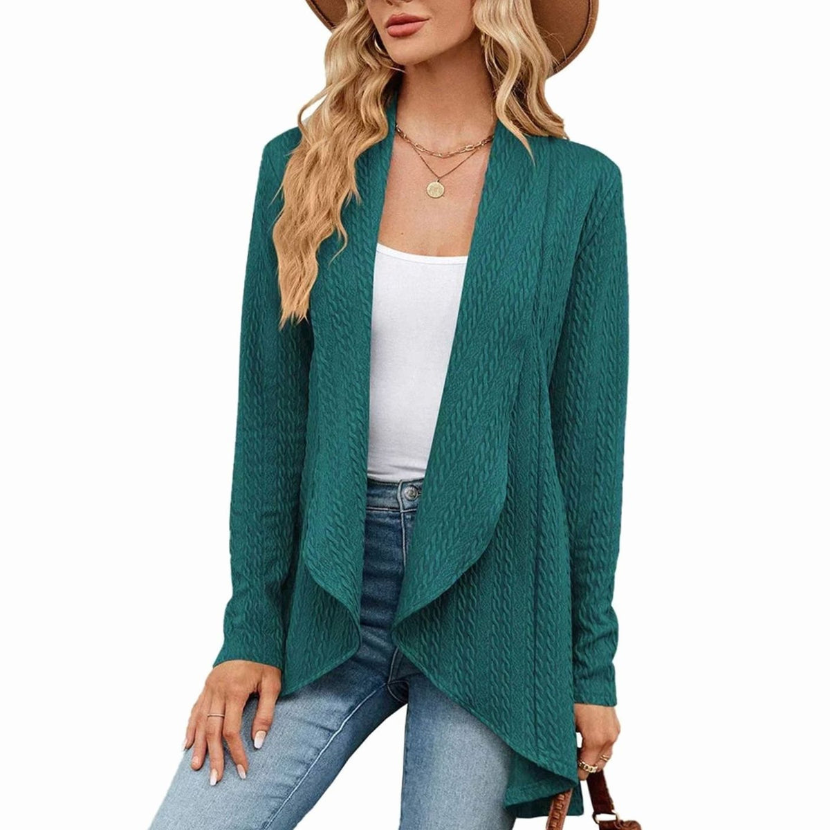 Women's Textured Open-Front Long-Sleeve Draped Cardigan - Green