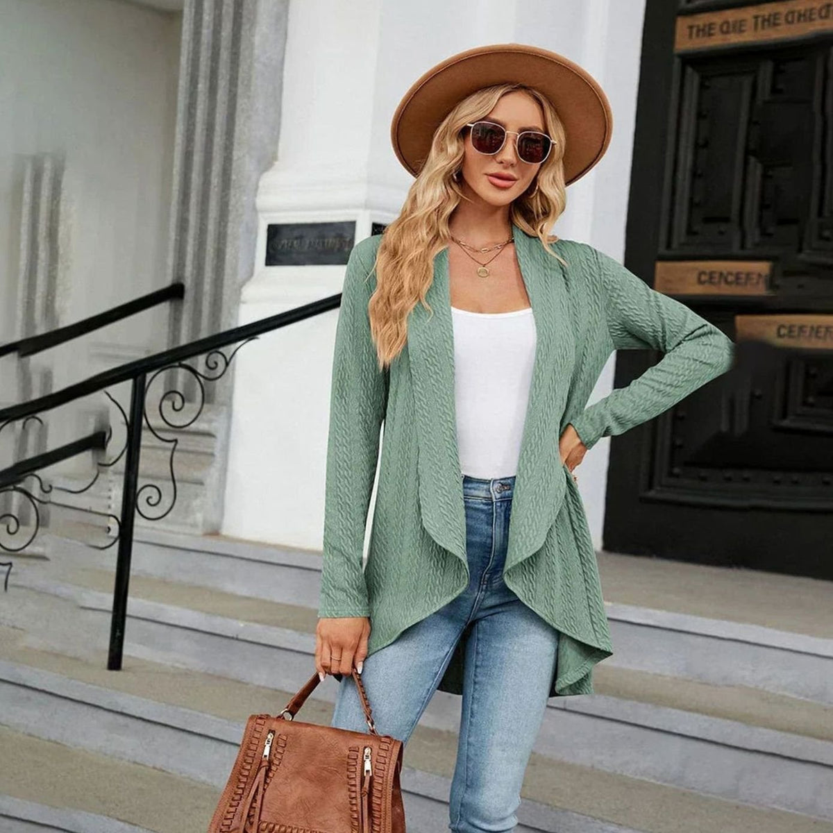 Women's Textured Open-Front Long-Sleeve Draped Cardigan