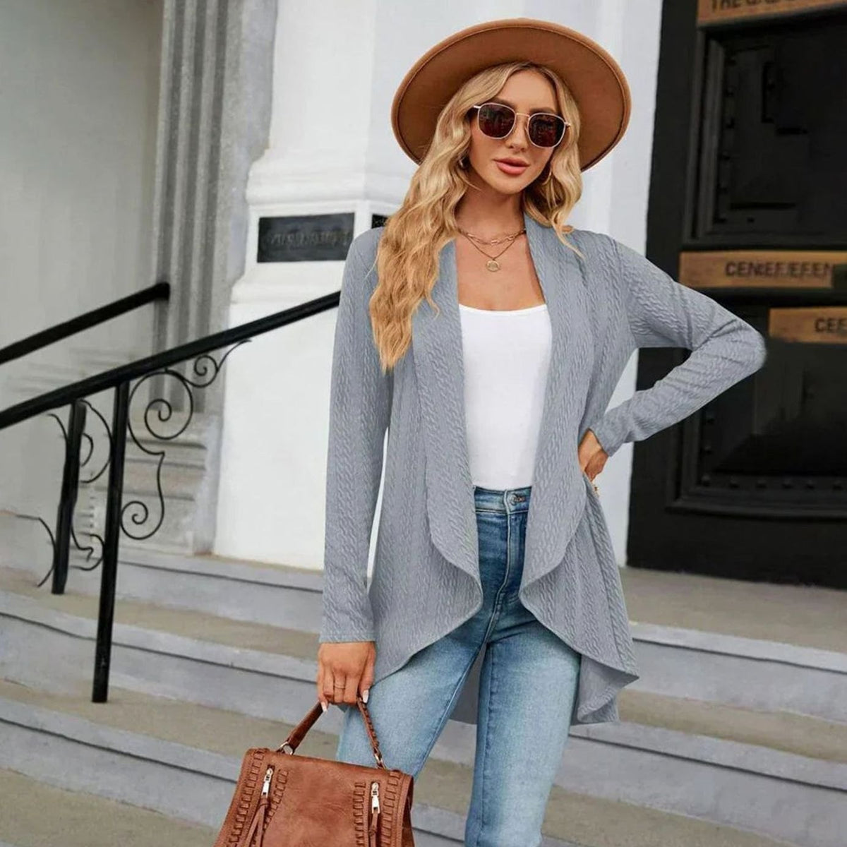 Women's Textured Open-Front Long-Sleeve Draped Cardigan