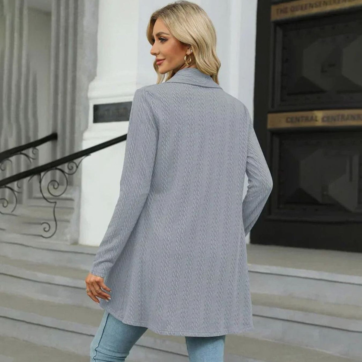 Women's Textured Open-Front Long-Sleeve Draped Cardigan