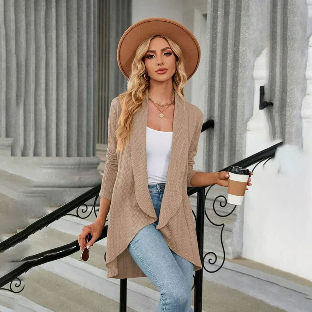 Women's Textured Open-Front Long-Sleeve Draped Cardigan