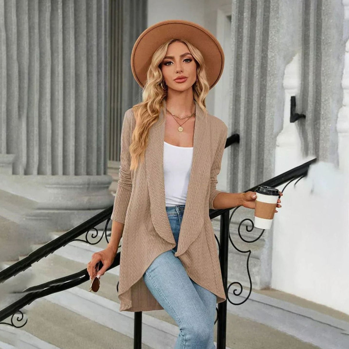 Women's Textured Open-Front Long-Sleeve Draped Cardigan