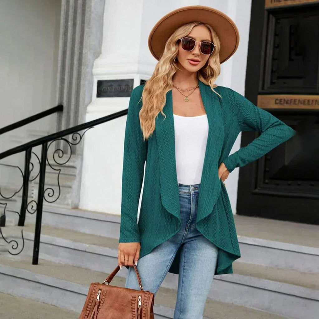 Women's Textured Open-Front Long-Sleeve Draped Cardigan