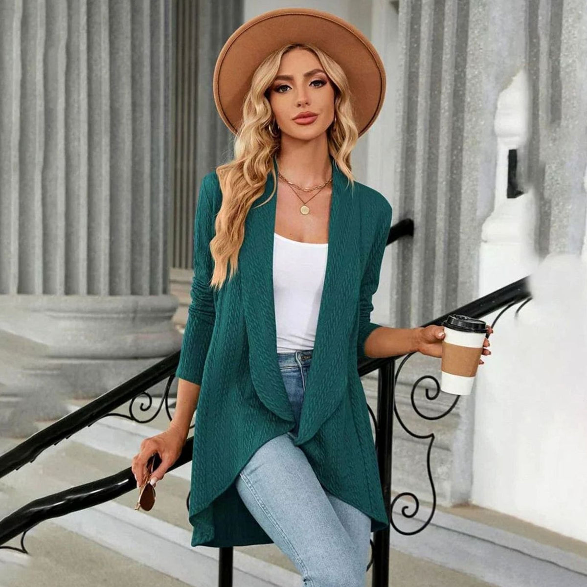 Women's Textured Open-Front Long-Sleeve Draped Cardigan