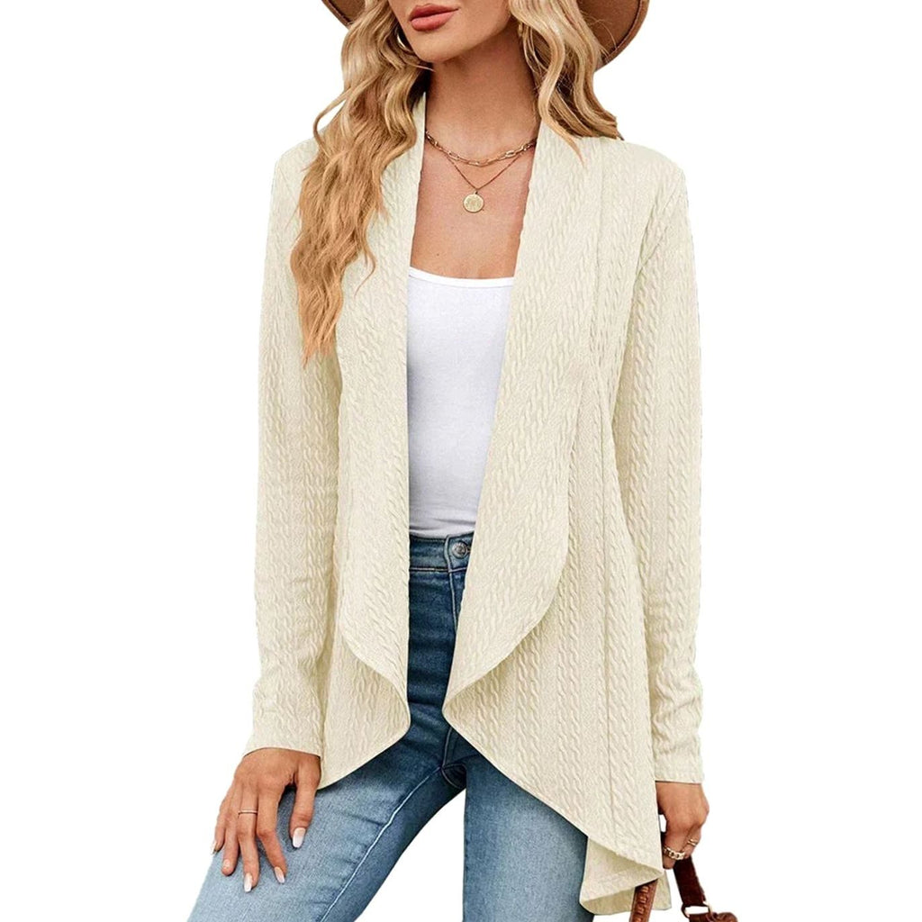 Women's Textured Open-Front Long-Sleeve Draped Cardigan - Beige