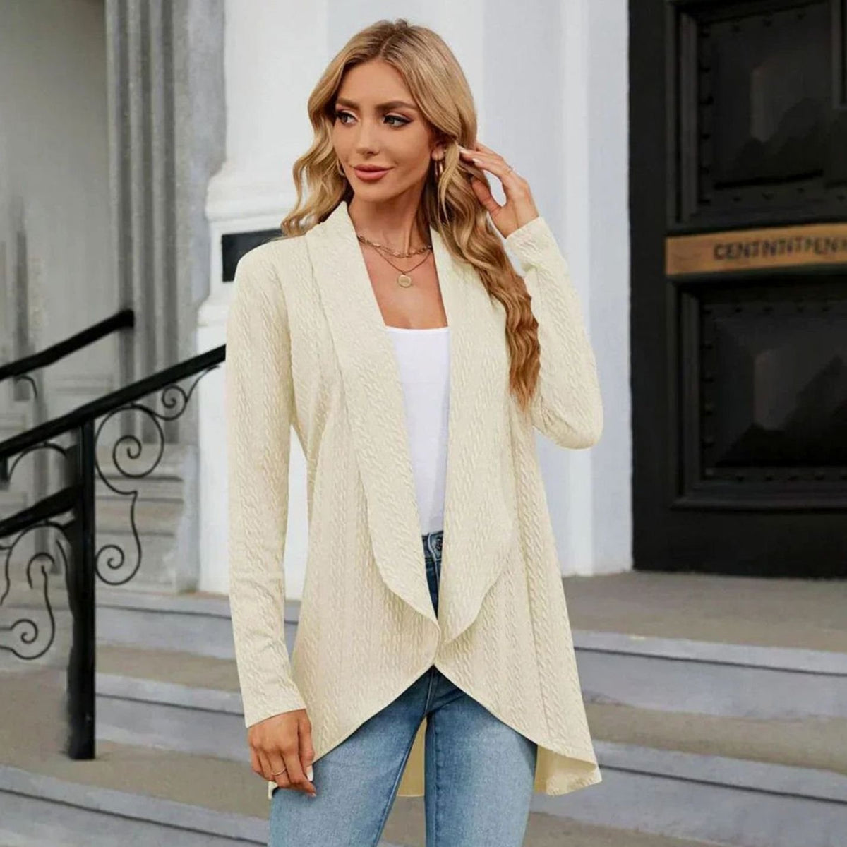 Women's Textured Open-Front Long-Sleeve Draped Cardigan