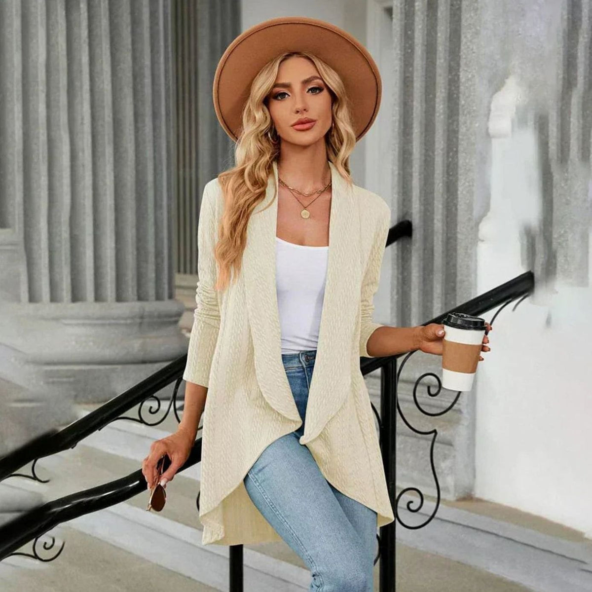 Women's Textured Open-Front Long-Sleeve Draped Cardigan