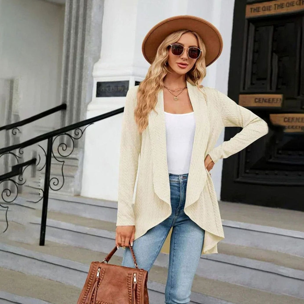 Women's Textured Open-Front Long-Sleeve Draped Cardigan