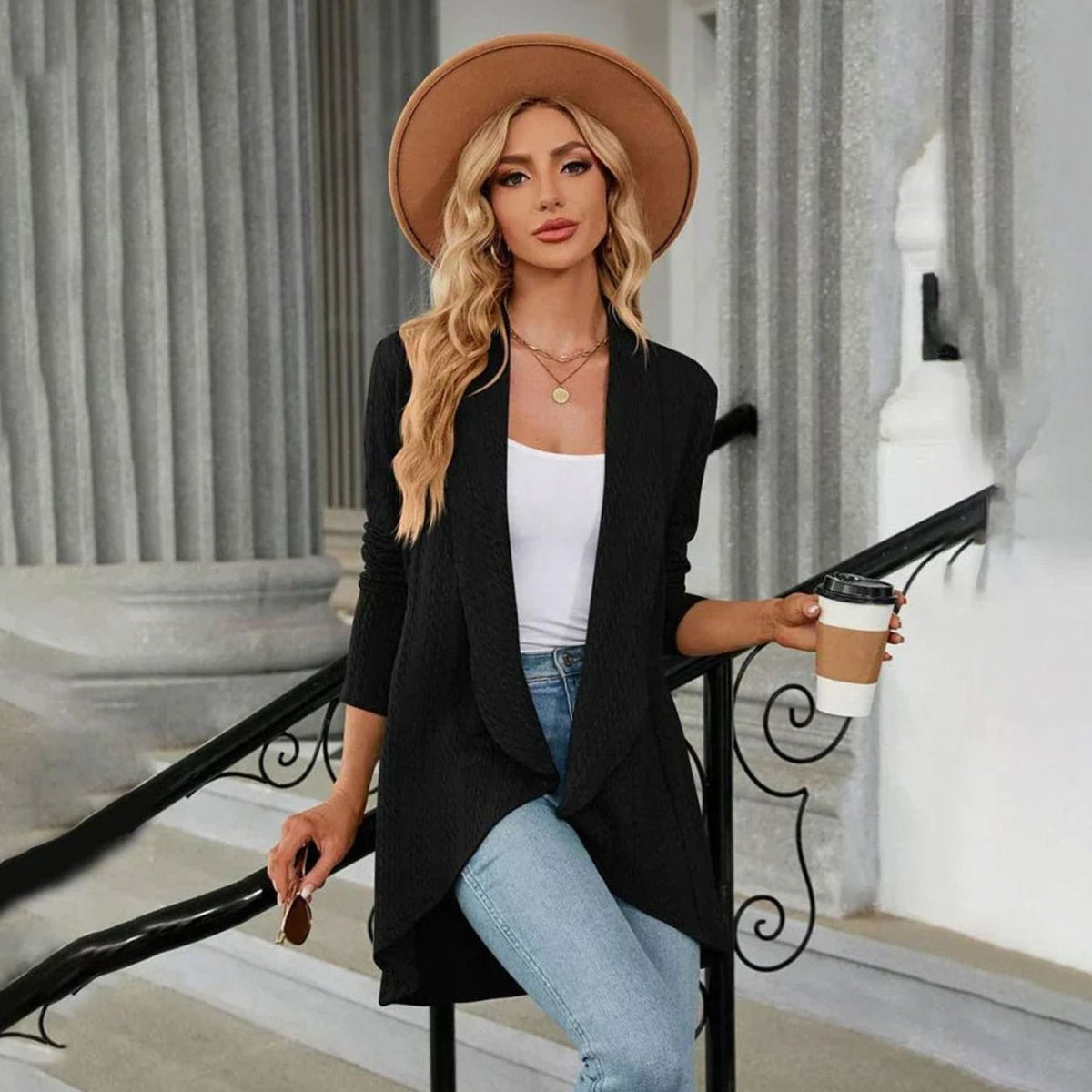 Women's Textured Open-Front Long-Sleeve Draped Cardigan