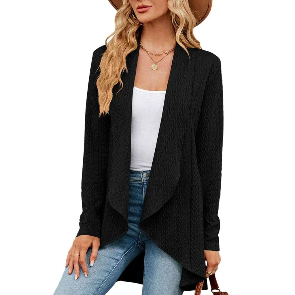 Women's Textured Open-Front Long-Sleeve Draped Cardigan - Black