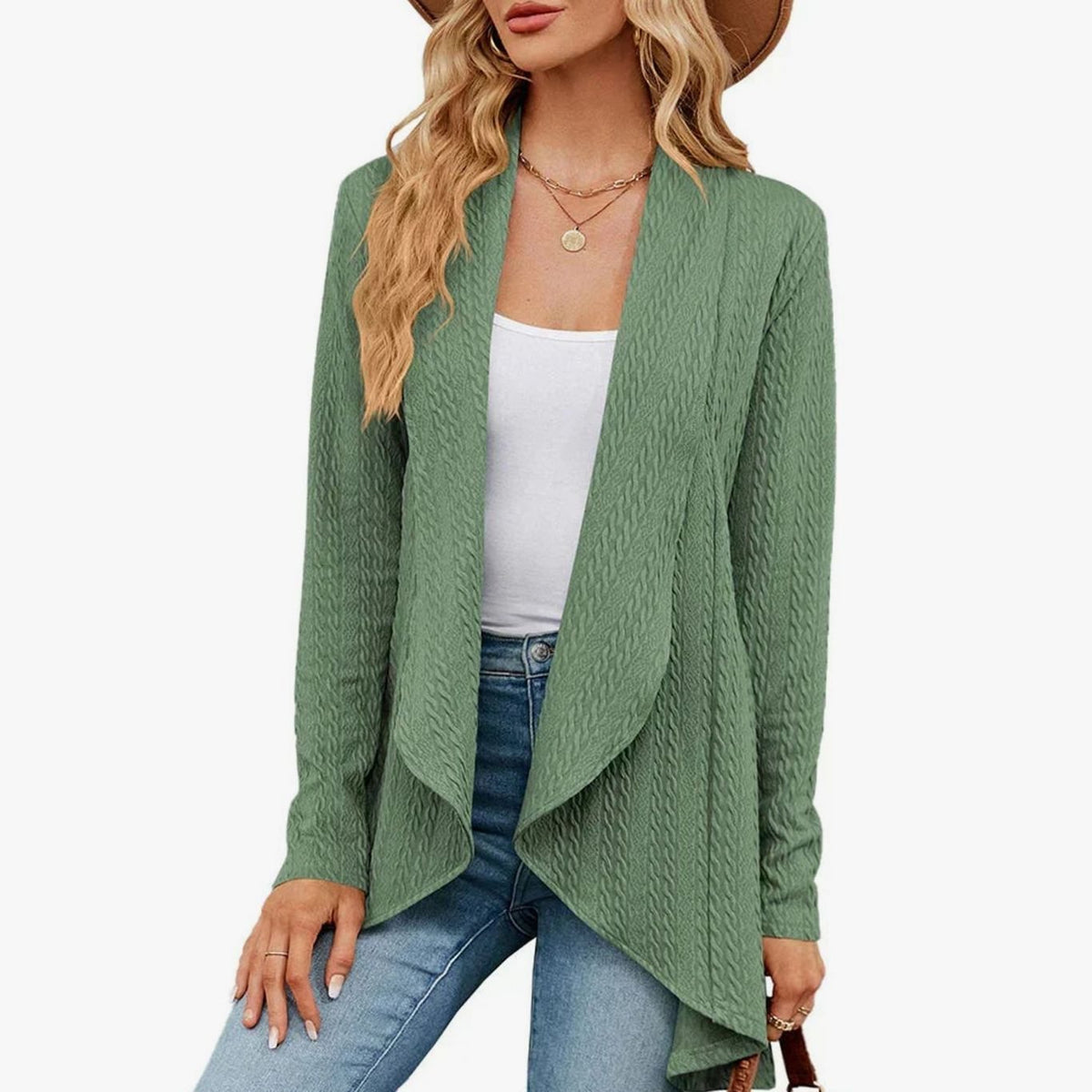 Women's Textured Open-Front Long-Sleeve Draped Cardigan - Light Green