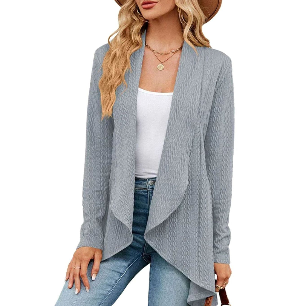 Women's Textured Open-Front Long-Sleeve Draped Cardigan - Grey