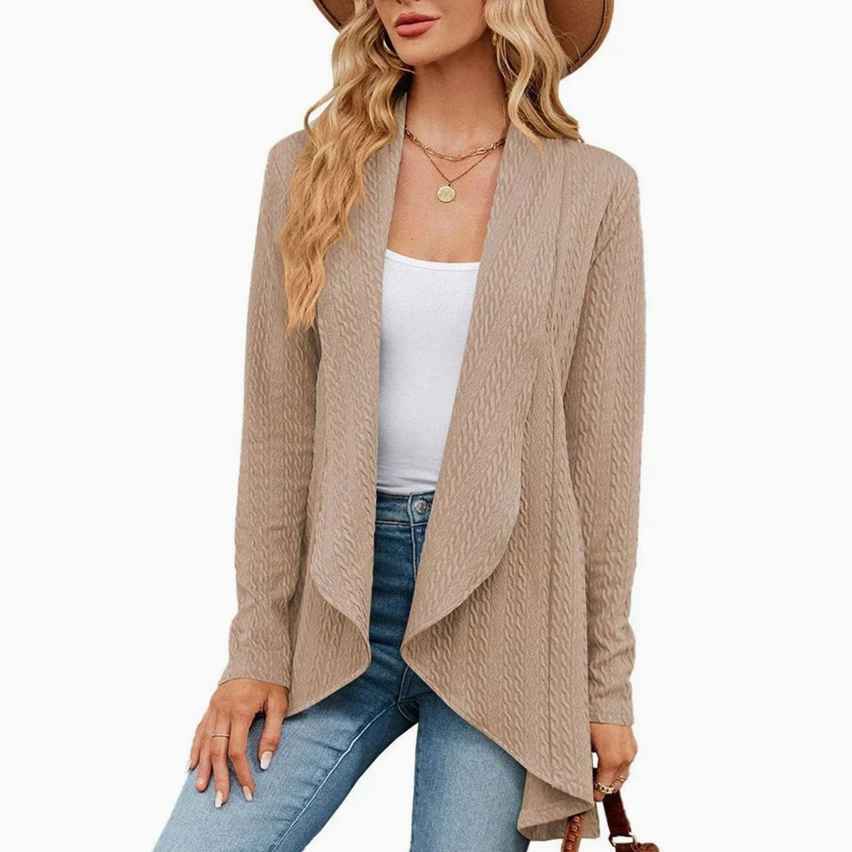 Women's Textured Open-Front Long-Sleeve Draped Cardigan - Khaki