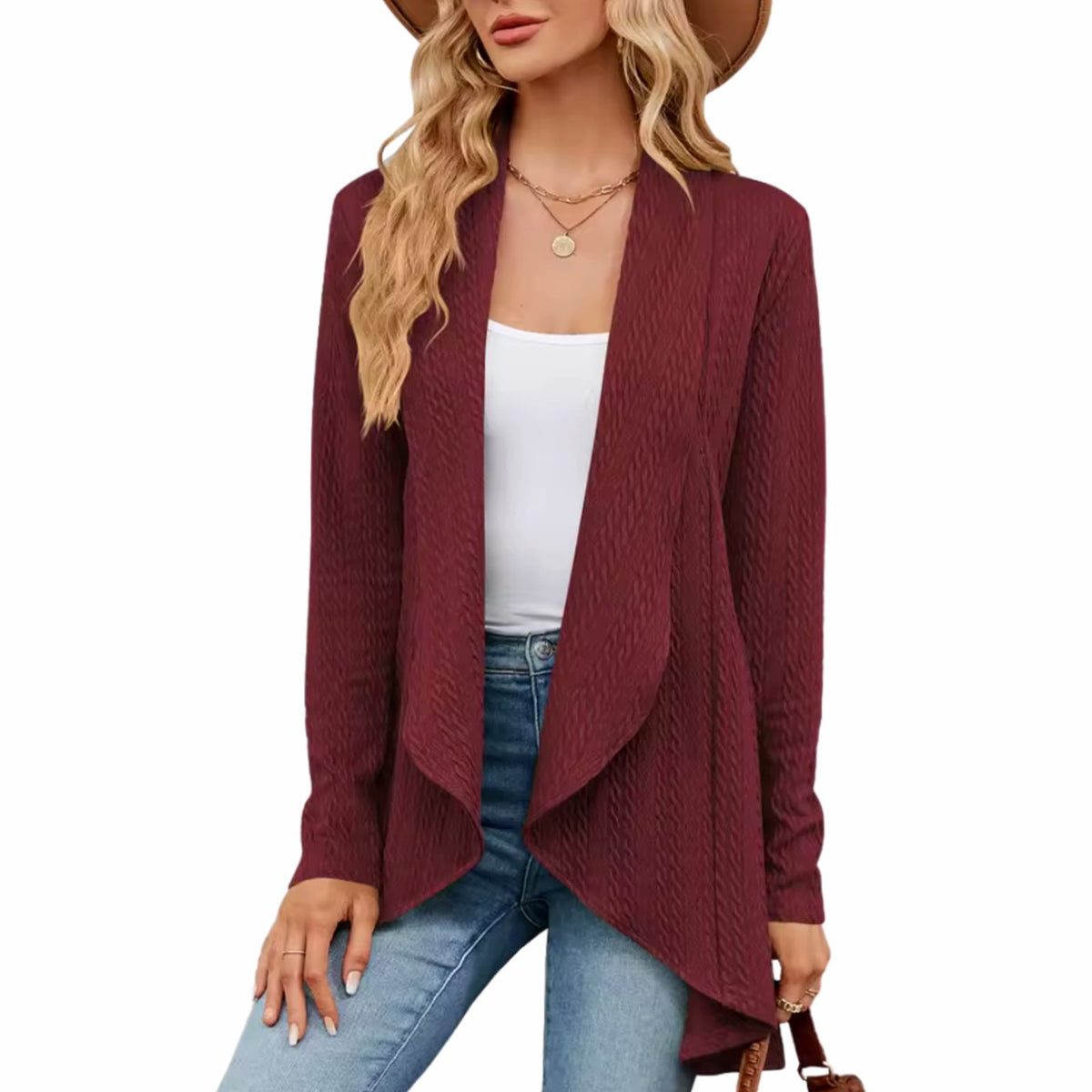 Women's Textured Open-Front Long-Sleeve Draped Cardigan - Red