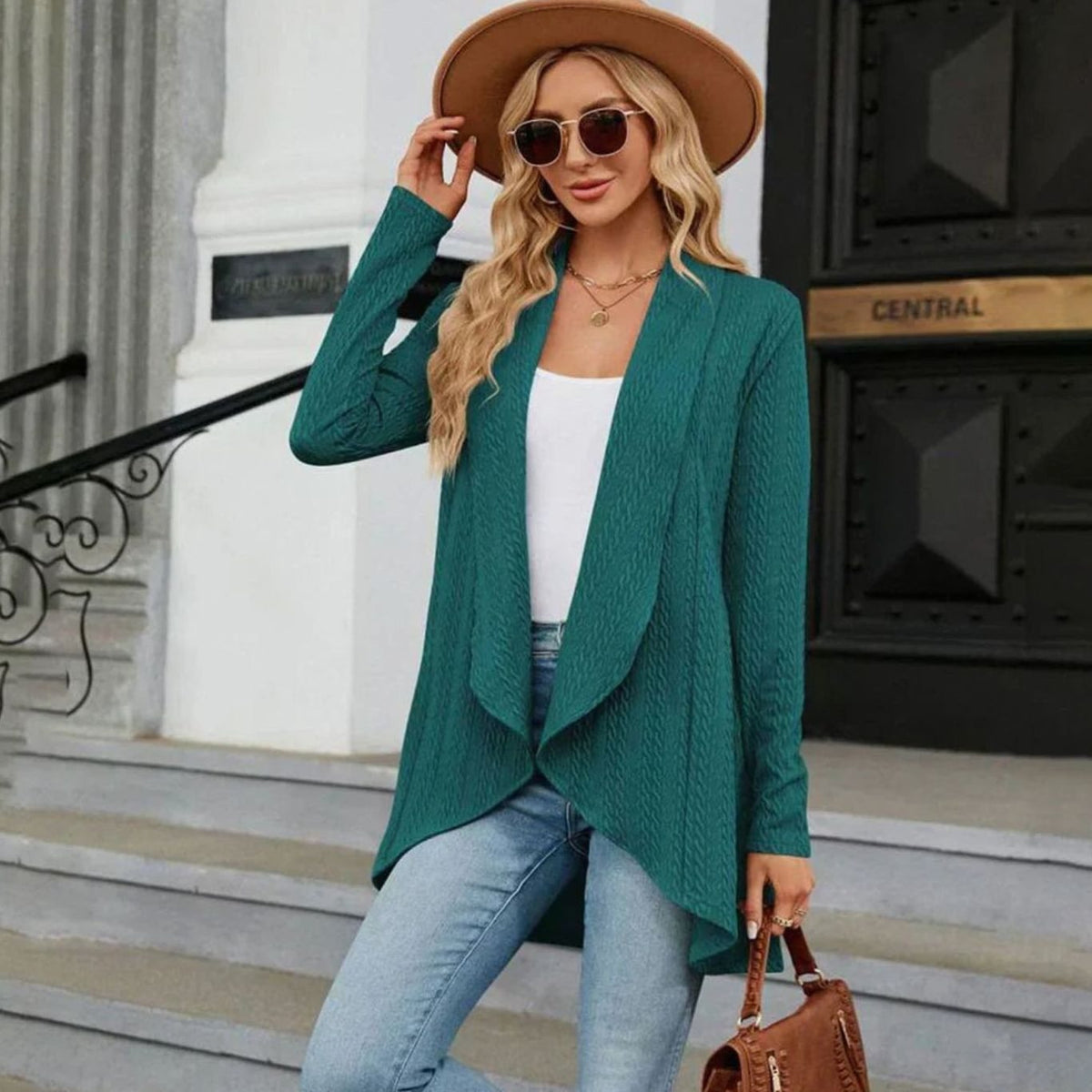 Women's Textured Open-Front Long-Sleeve Draped Cardigan
