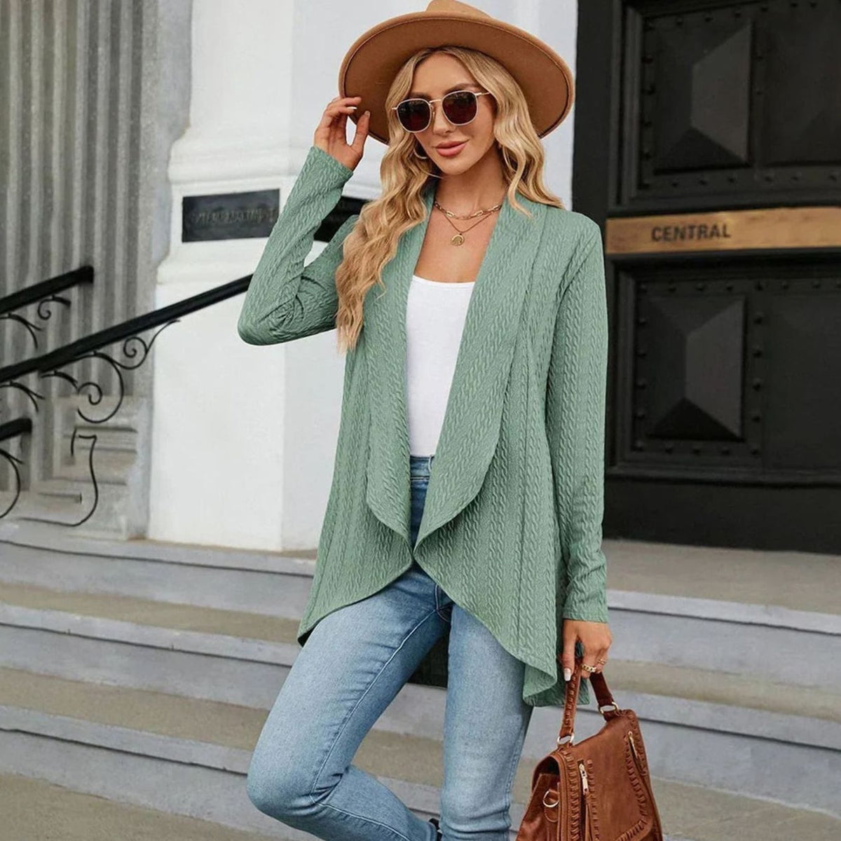 Women's Textured Open-Front Long-Sleeve Draped Cardigan