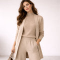 Women's Three-Piece Relaxed-Fit Ribbed Knit Cardigan Lounge Set - Beige