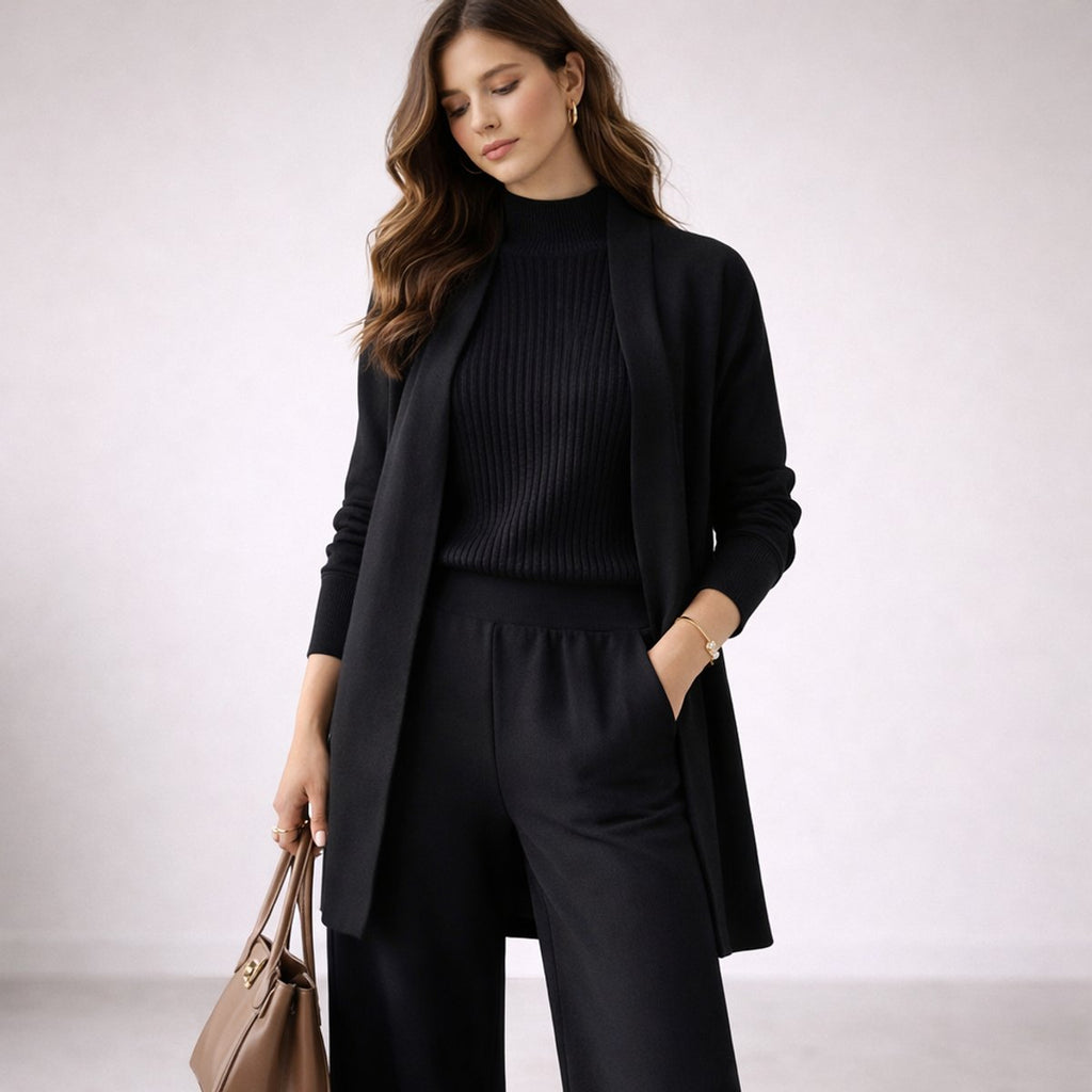Women's Three-Piece Relaxed-Fit Ribbed Knit Cardigan Lounge Set - Black