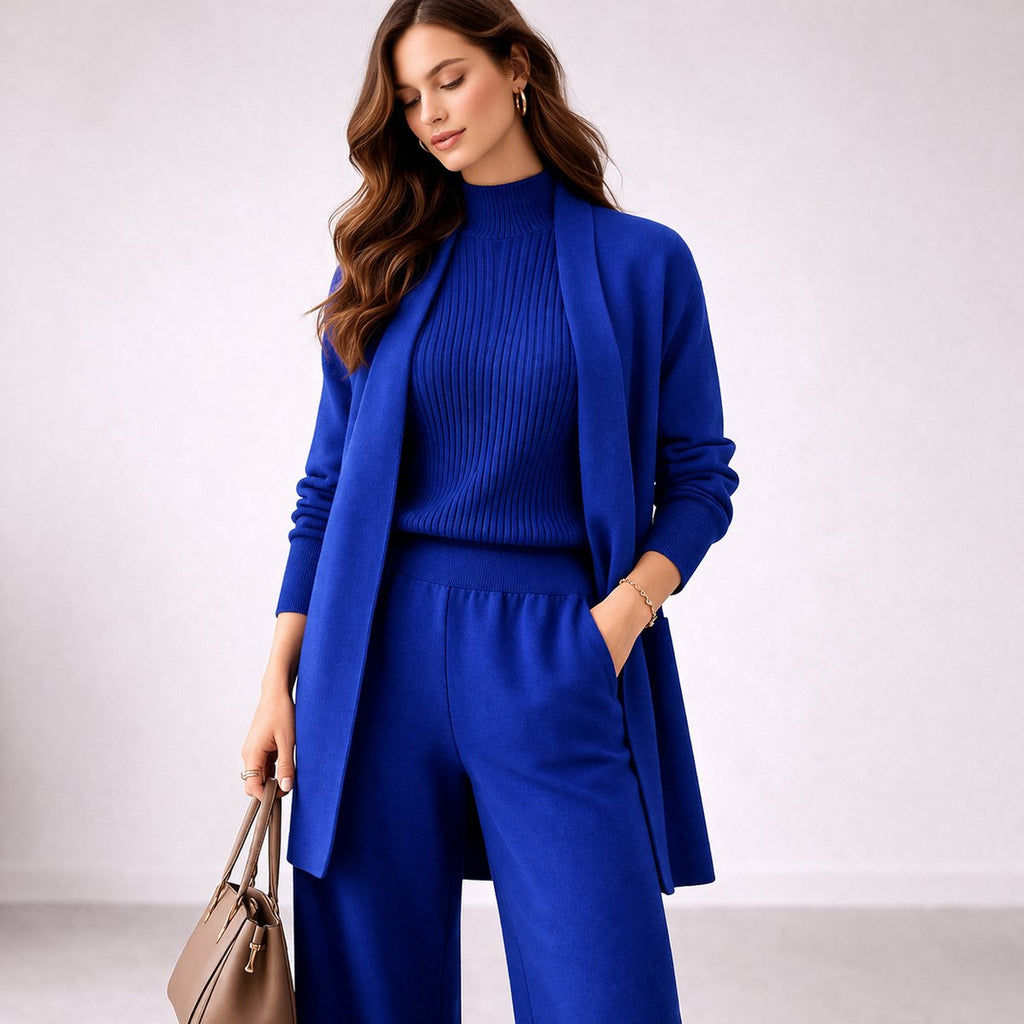 Women's Three-Piece Relaxed-Fit Ribbed Knit Cardigan Lounge Set - Blue