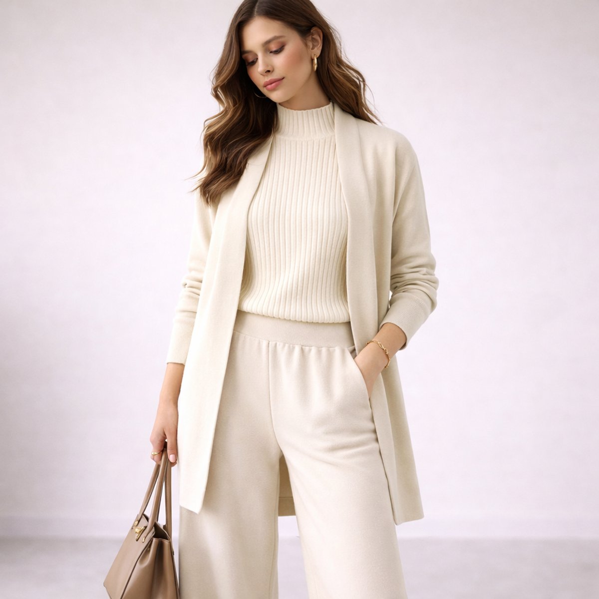 Women's Three-Piece Relaxed-Fit Ribbed Knit Cardigan Lounge Set - White