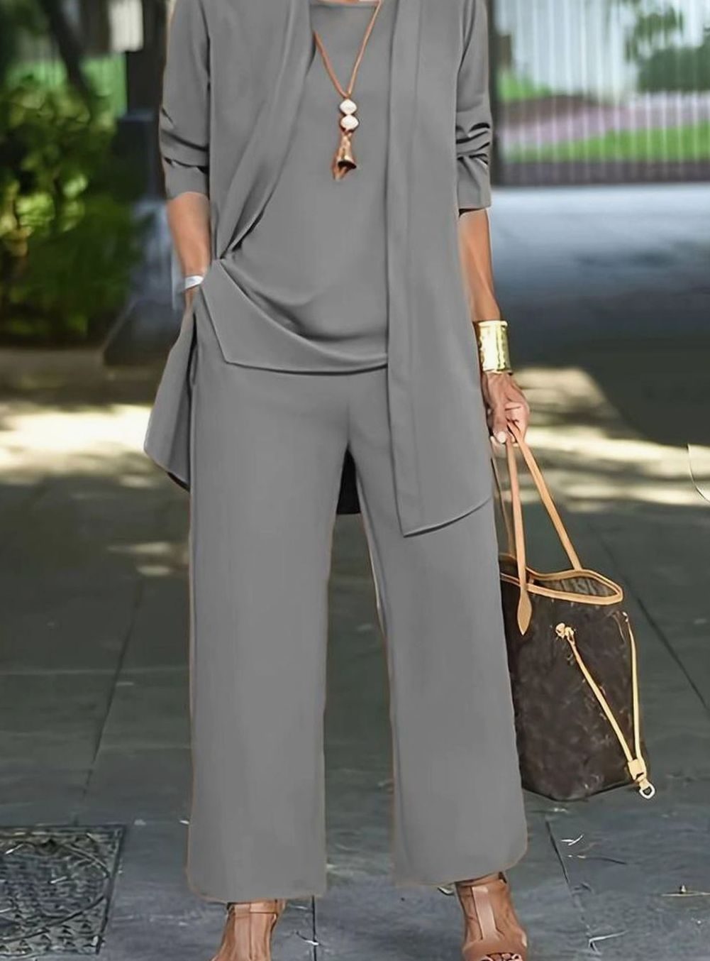 Women's Three-Piece Relaxed Wide-Leg Outfit Set - Grey