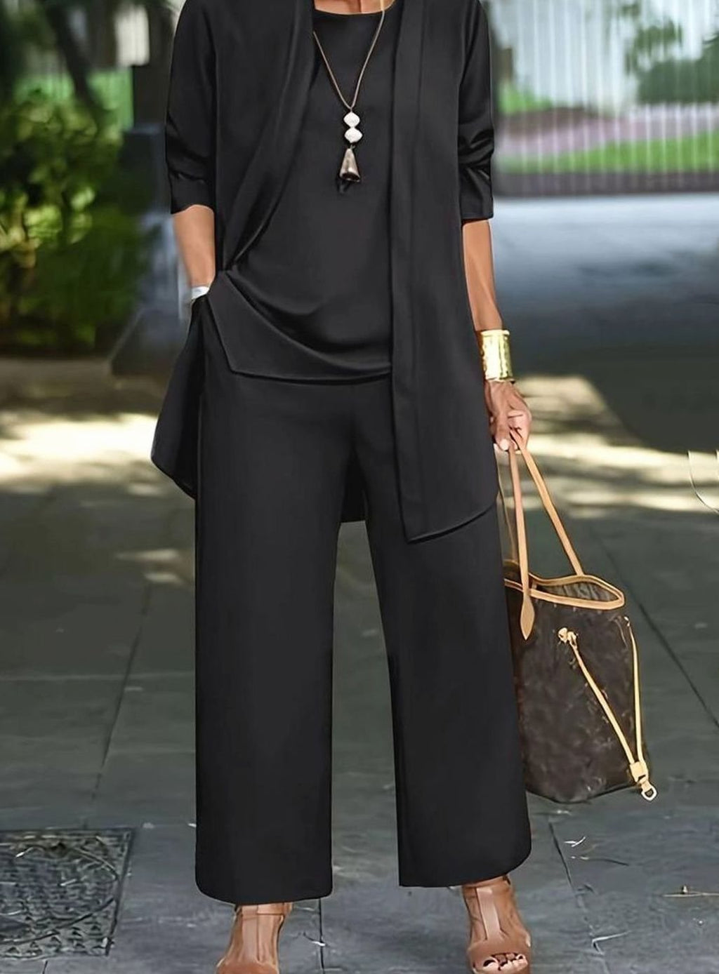 Women's Three-Piece Relaxed Wide-Leg Outfit Set - Black