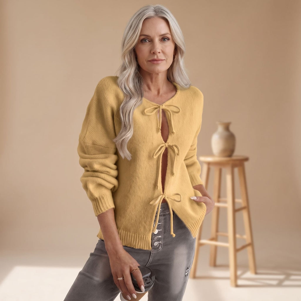 Women's Tie Front Cardigan Sweater Long Sleeve Knit - Yellow
