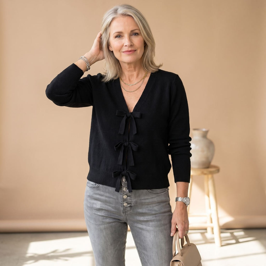 Women's Tie Front Cardigan Sweater Long Sleeve Knit - Black