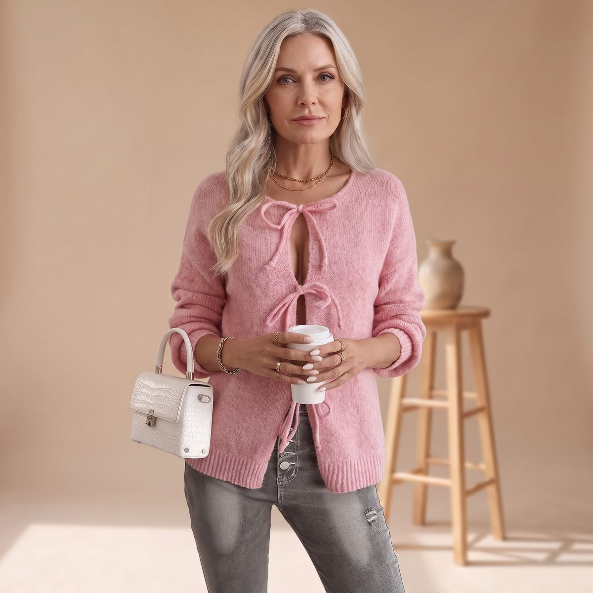 Women's Tie Front Cardigan Sweater Long Sleeve Knit - Pink