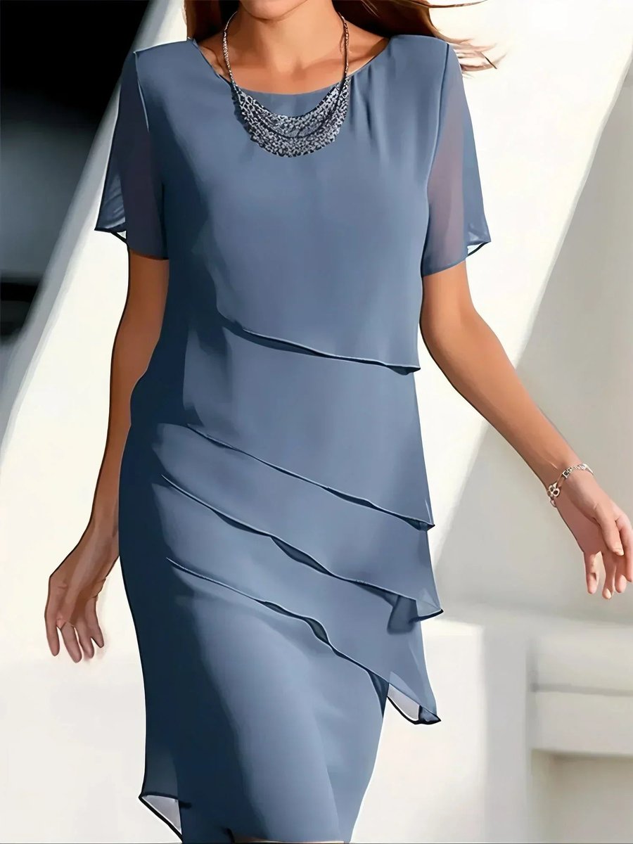 Women's Tiered Chiffon Cocktail Dress Round Neck Short Sleeve - Blue